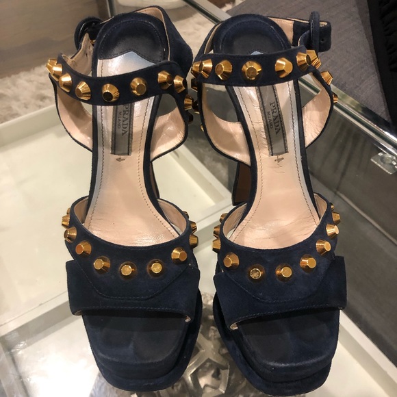 Navy and Gold stud Prada platforms - Picture 1 of 8